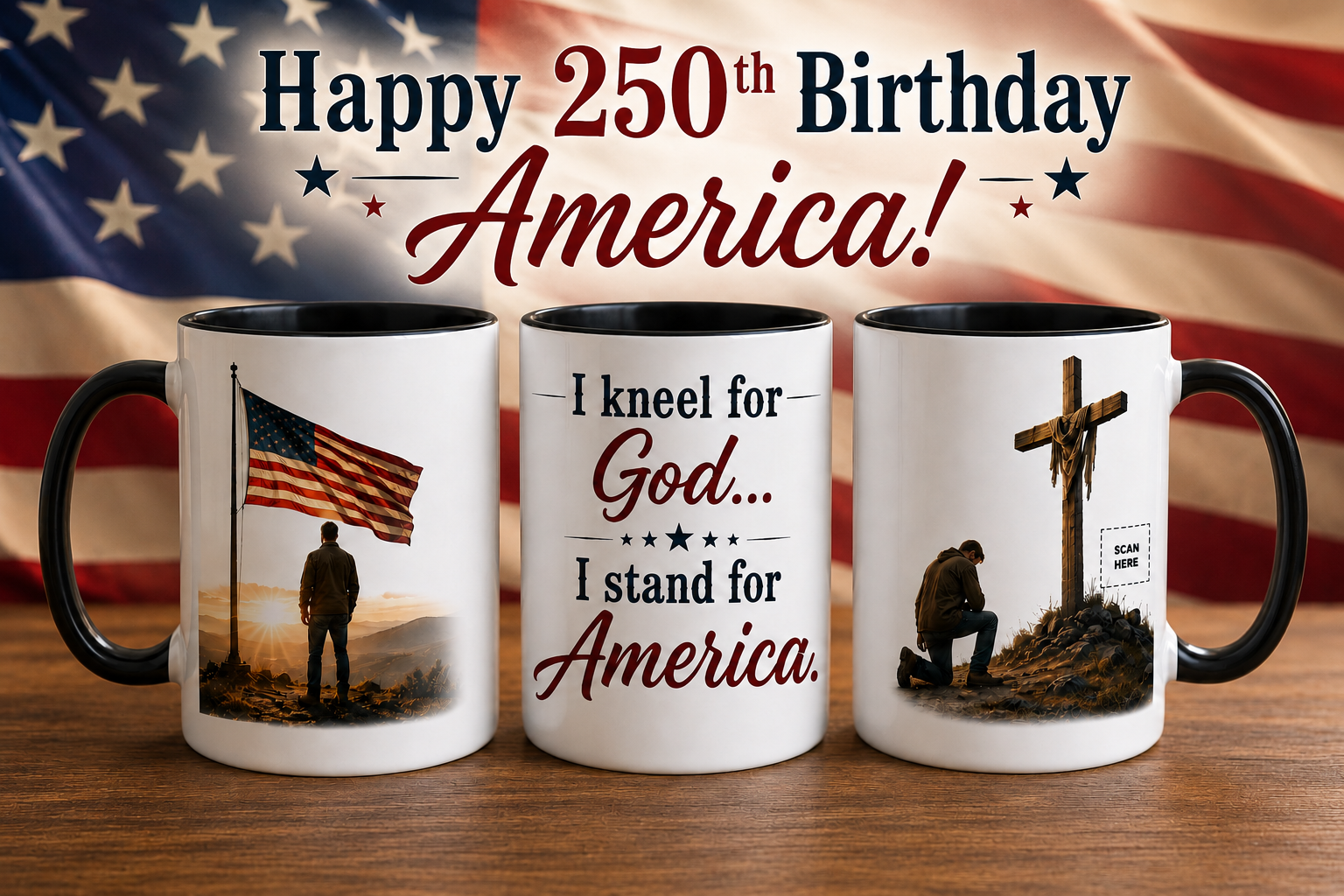 Kneel for God, Stand for America — Happy 250th Birthday America mug collection